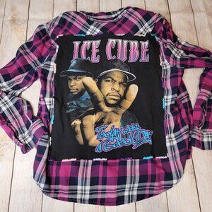Upcycled Ice Cube Band Tee Plaid Shirt, size XL